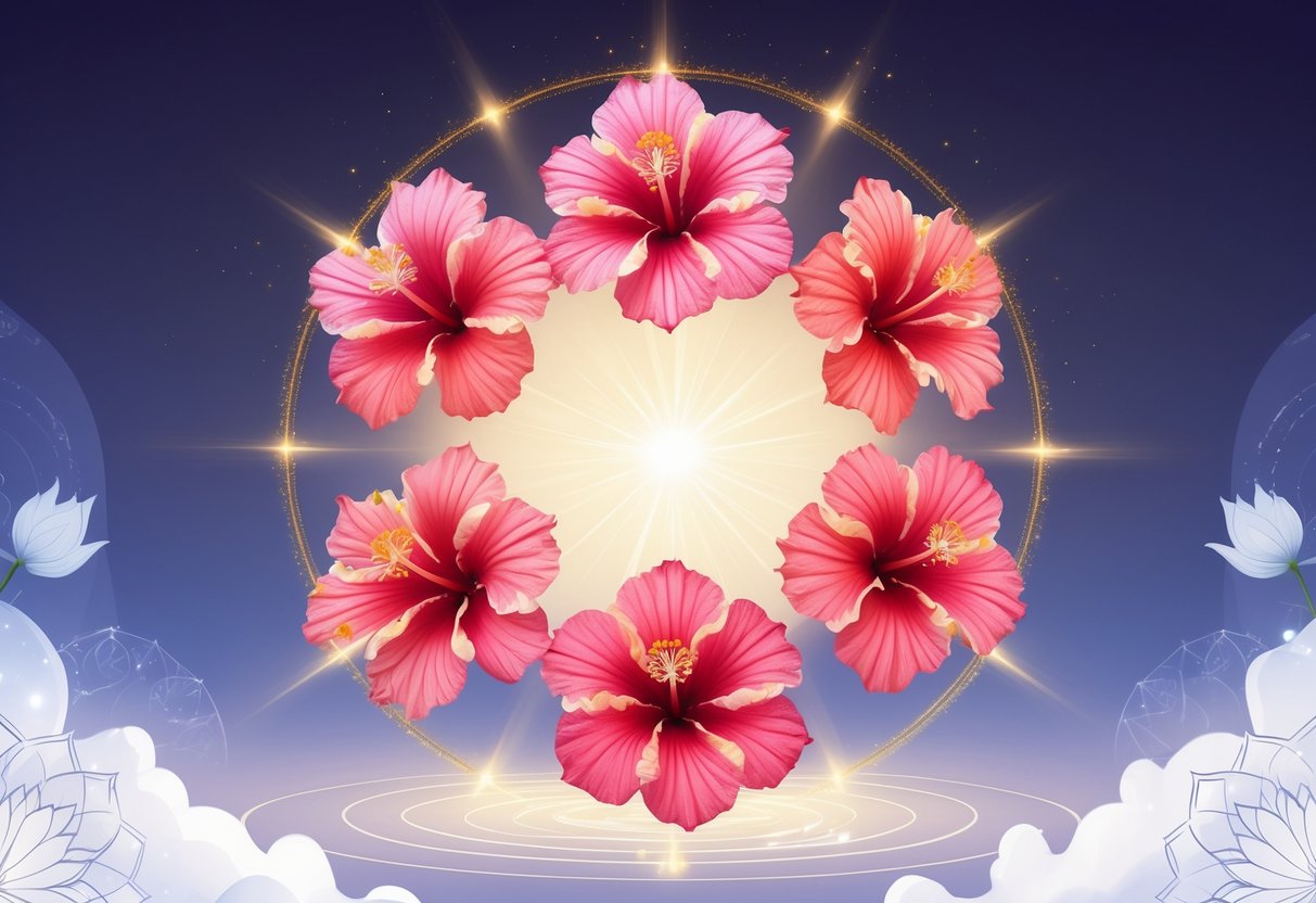 Six red hibiscus flowers arranged in a circle with glowing light and soft rays, surrounded by subtle lotus petals and mandala patterns on a gradient background.