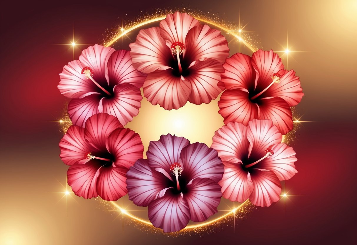 Six red hibiscus flowers arranged in a circle with a glowing golden background symbolizing prosperity and abundance.