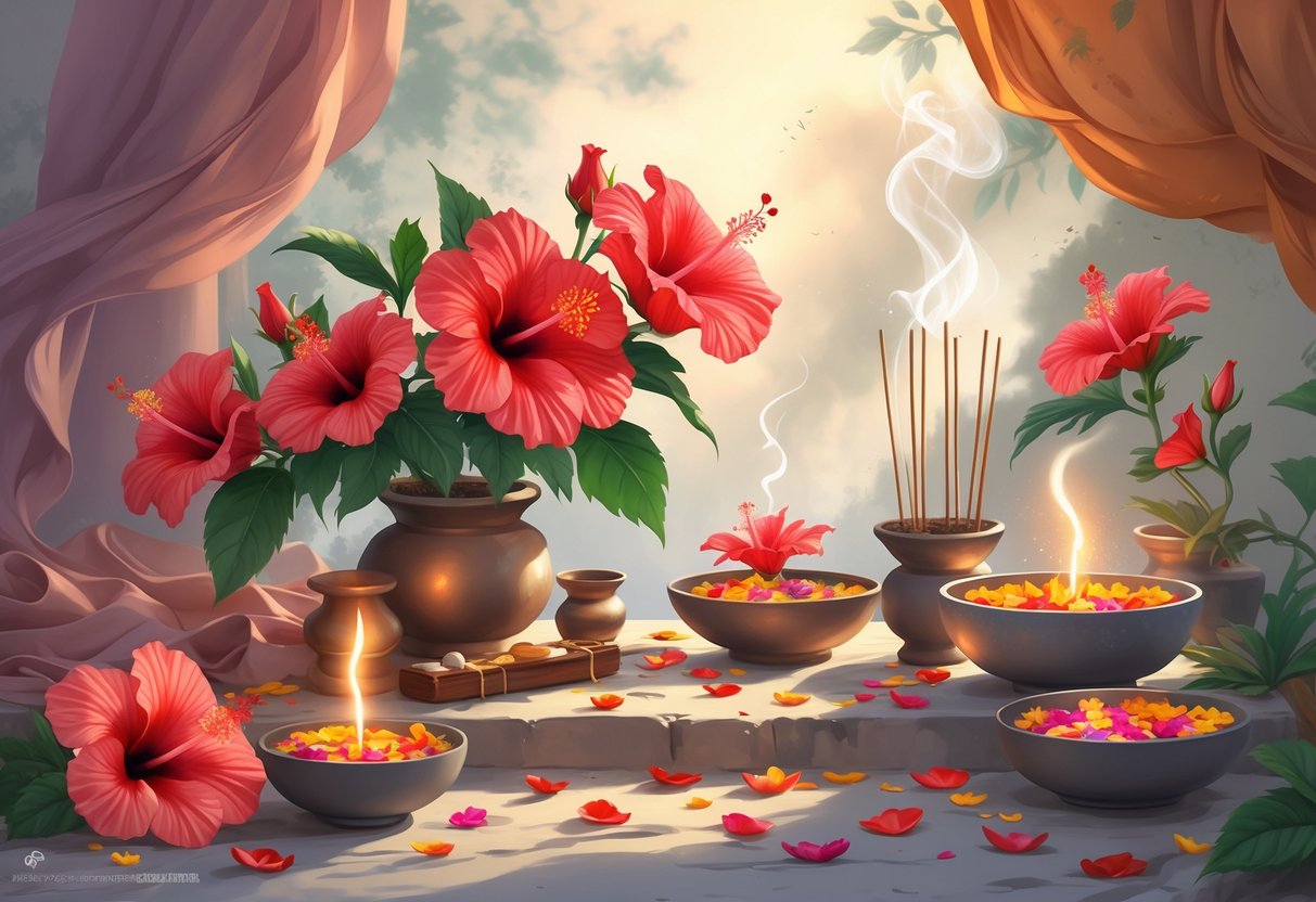 An altar with red hibiscus flowers, oil lamps, incense, and bowls of water and petals arranged for a spiritual ritual.
