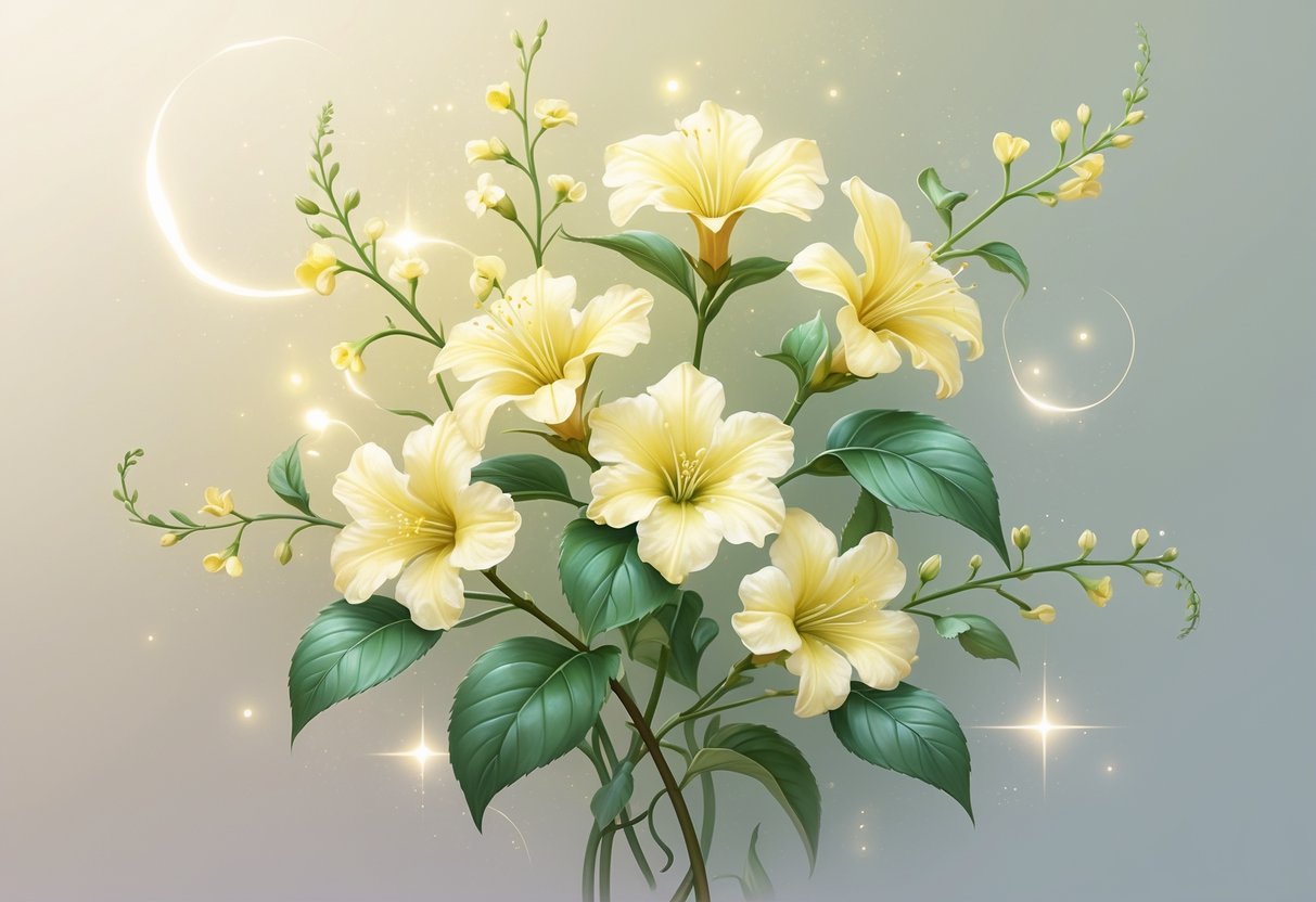 Seven honeysuckle flowers with green leaves arranged together with soft glowing light around them.