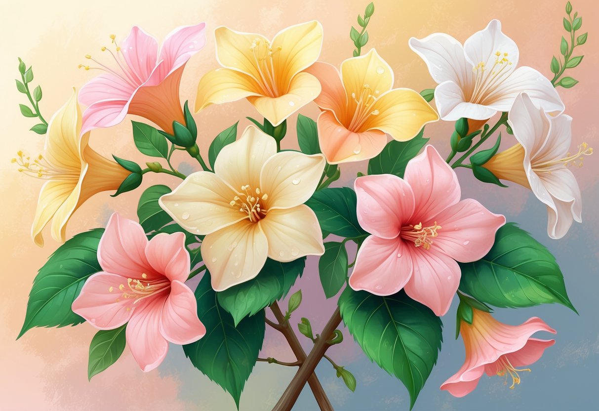 Seven blooming honeysuckle flowers with green leaves arranged together against a soft warm background.