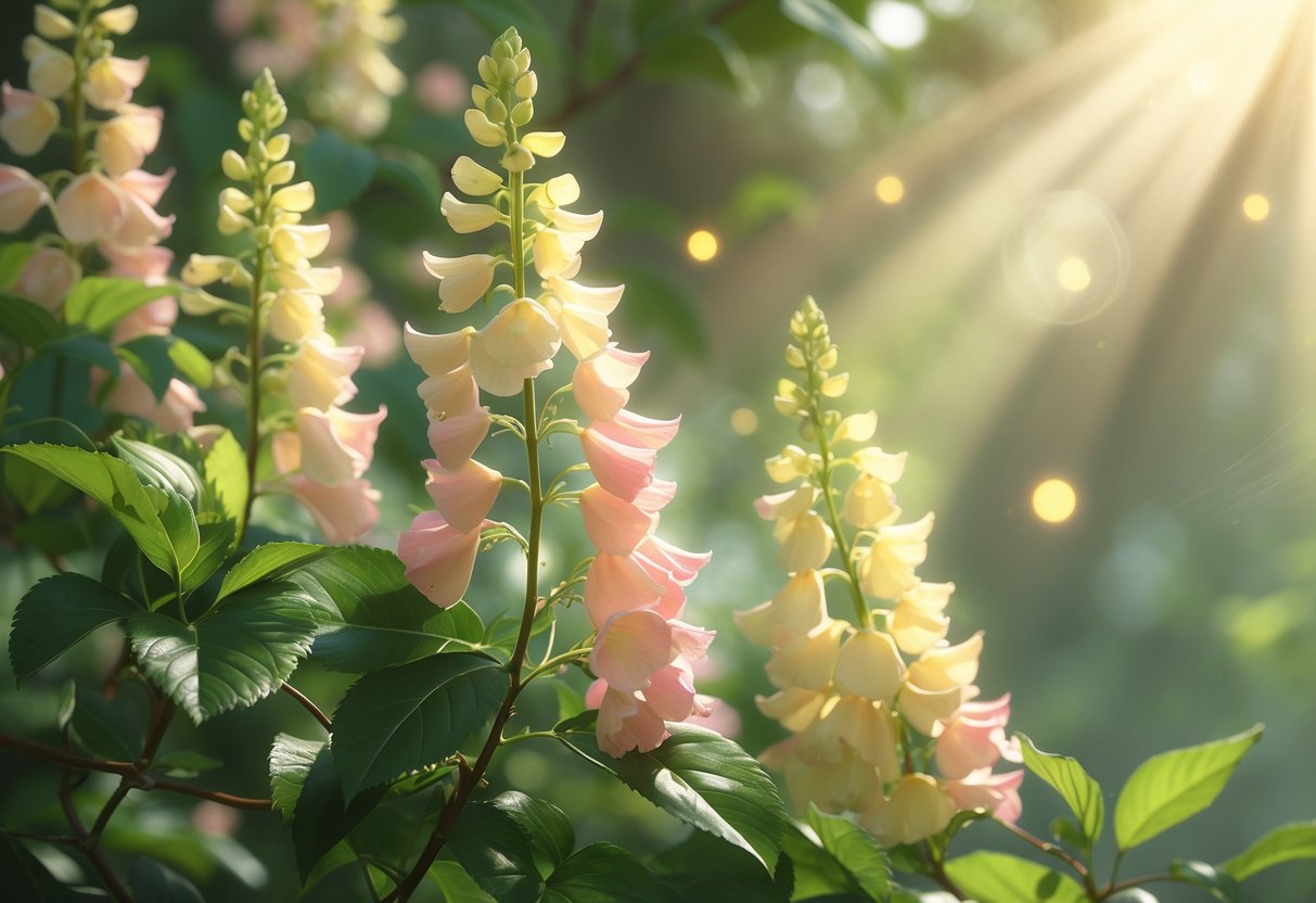 A close-up view of blooming honeysuckle flowers with green leaves, bathed in warm sunlight and surrounded by a soft glowing mist.