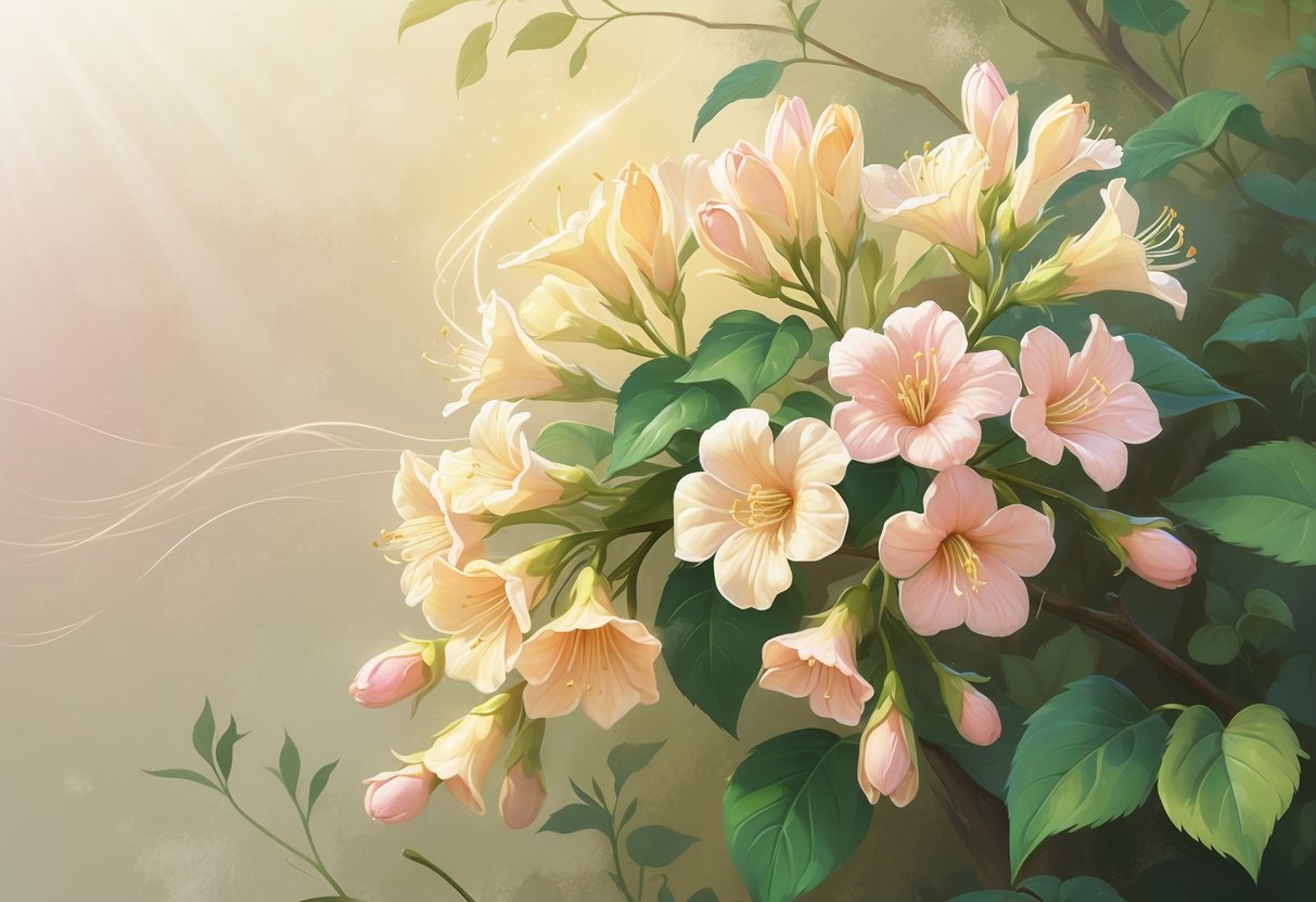 A cluster of glowing honeysuckle flowers with green leaves surrounded by soft light and ethereal wisps, symbolizing healing and protection.