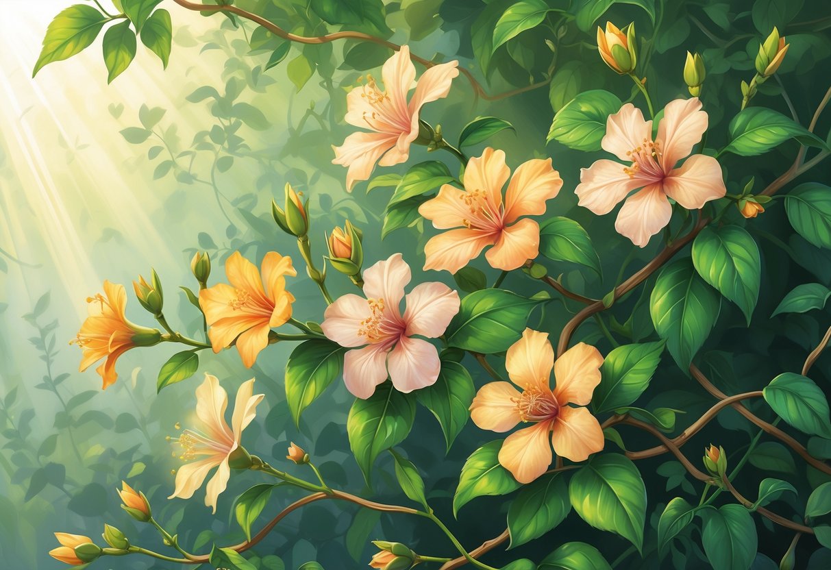 Seven blooming honeysuckle flowers with green vines and sunlight filtering through surrounding foliage.