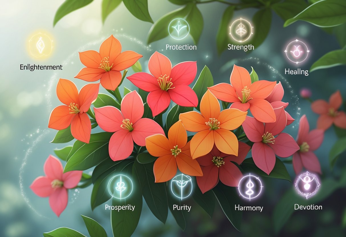 A cluster of brightly colored Ixora flowers surrounded by soft glowing light and subtle spiritual symbols in a natural setting.