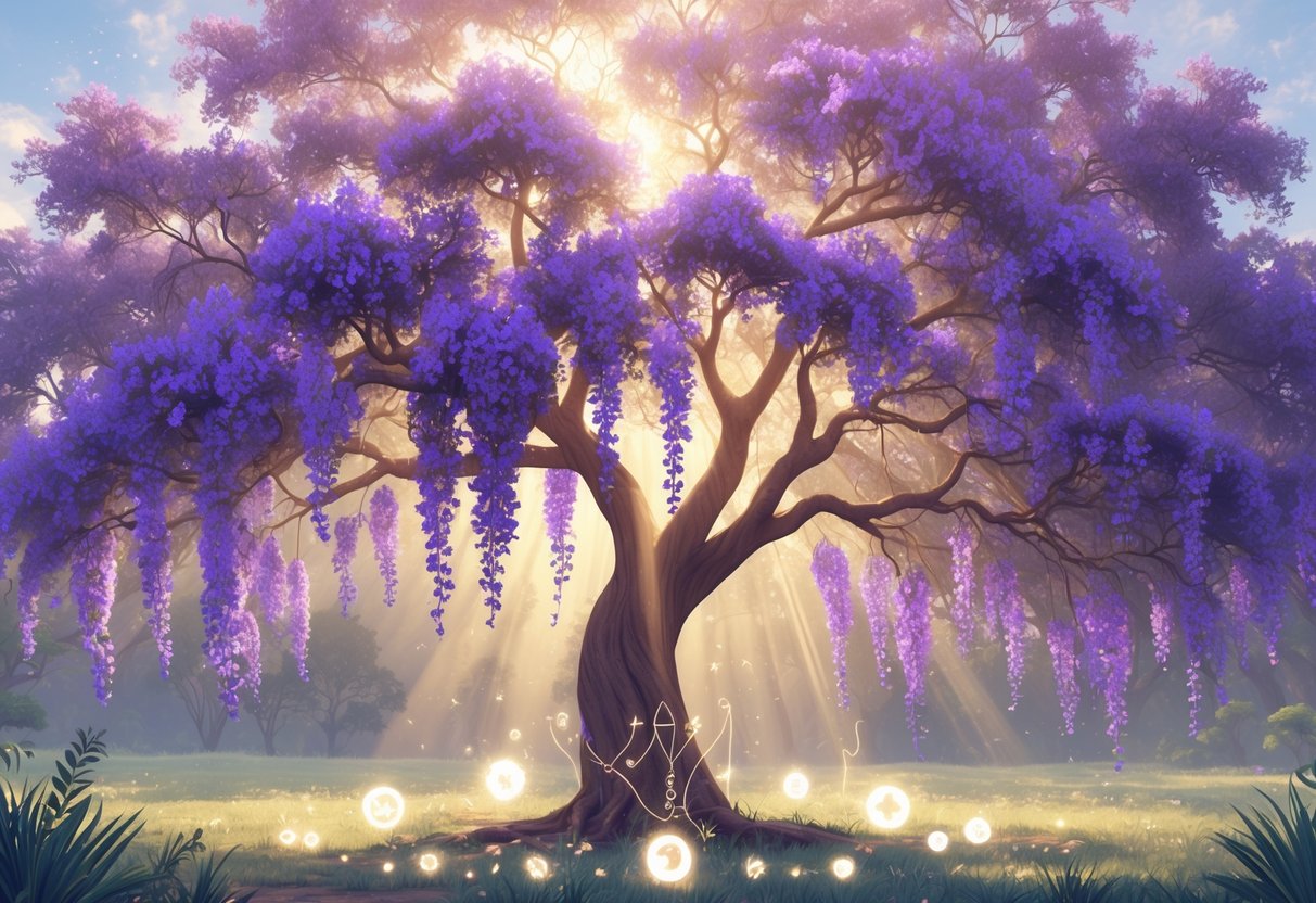A large jacaranda tree with purple flowers glowing softly in sunlight, surrounded by subtle glowing lights and symbols in a peaceful natural setting.