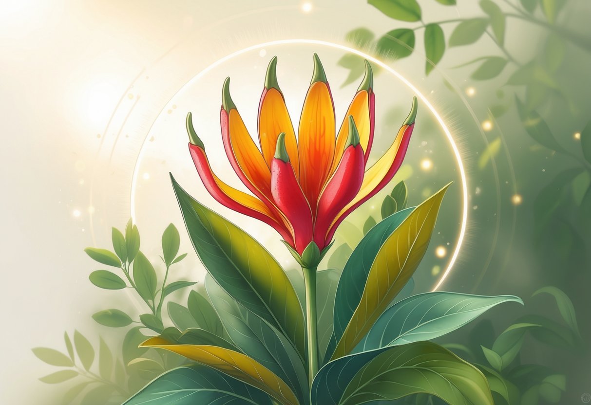 A detailed illustration of a blooming Kangaroo Paw flower with glowing light and soft rays in a peaceful natural setting.