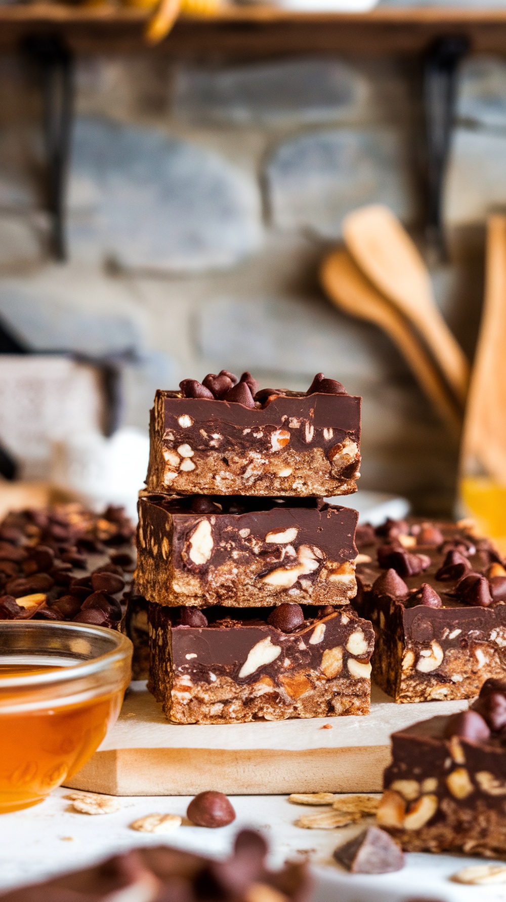 Nutty Chocolate Protein Bars Recipe Nutty chocolate protein bars with dark chocolate chips and nuts on a wooden board.