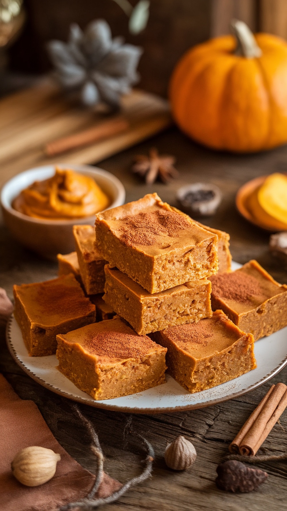 Spiced Pumpkin Protein Bars Recipe Spiced pumpkin protein bars on a plate, garnished with cinnamon, with pumpkin puree and spices in the background.