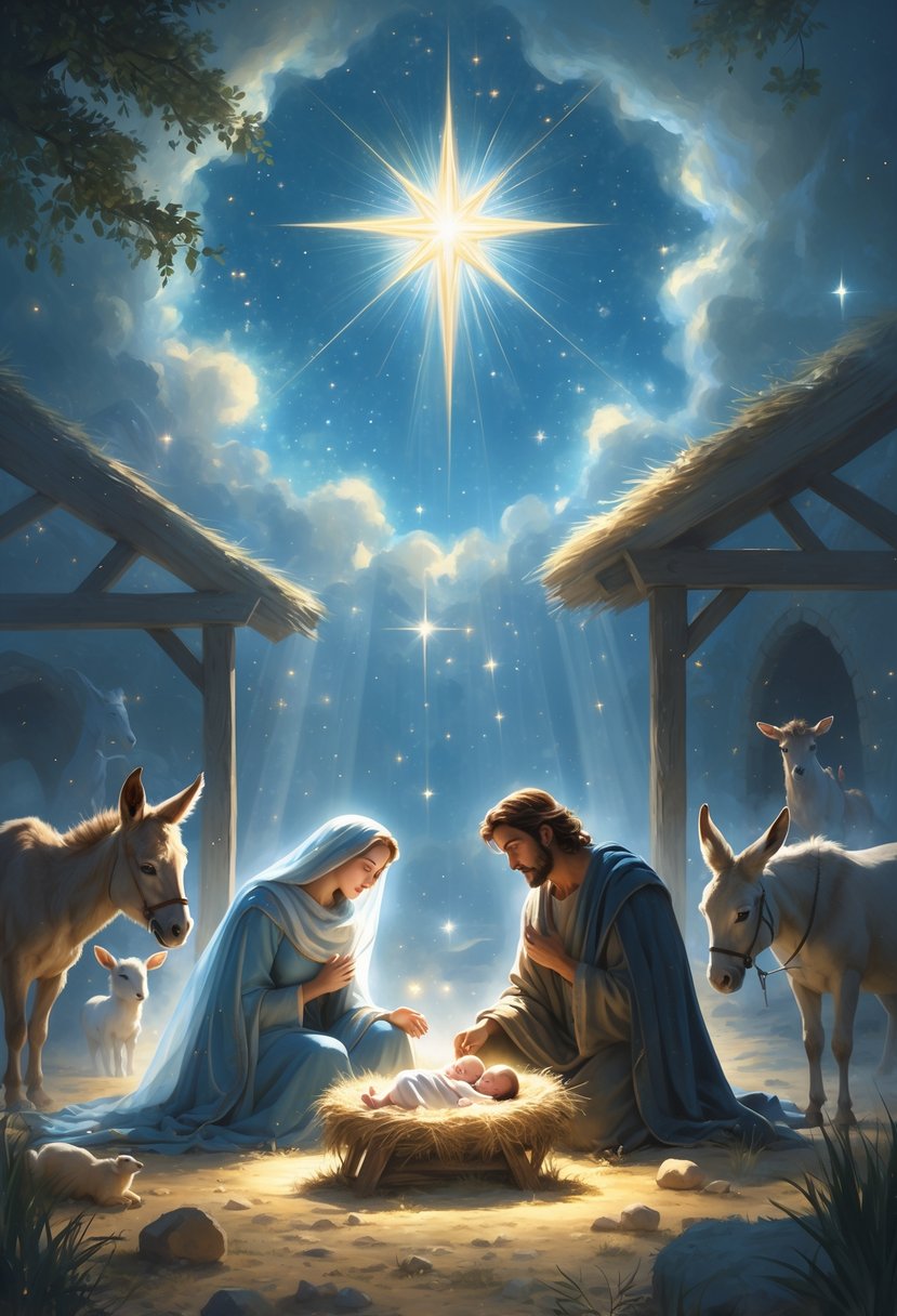 A Nativity scene showing Mary, Joseph, and baby Jesus in a stable with animals and a bright star shining above.