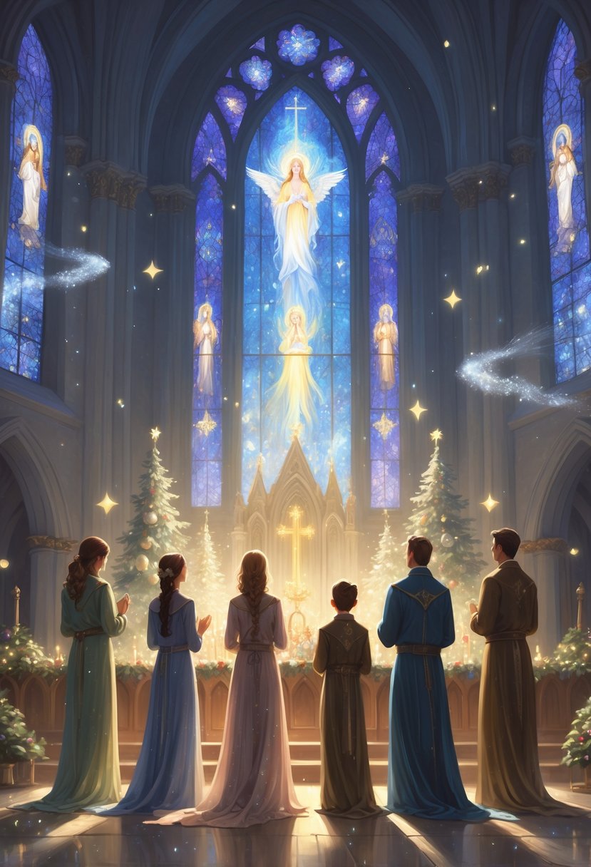 A family standing together in prayer inside a grand cathedral during a Christmas Eve service, surrounded by glowing stained glass windows and soft light.