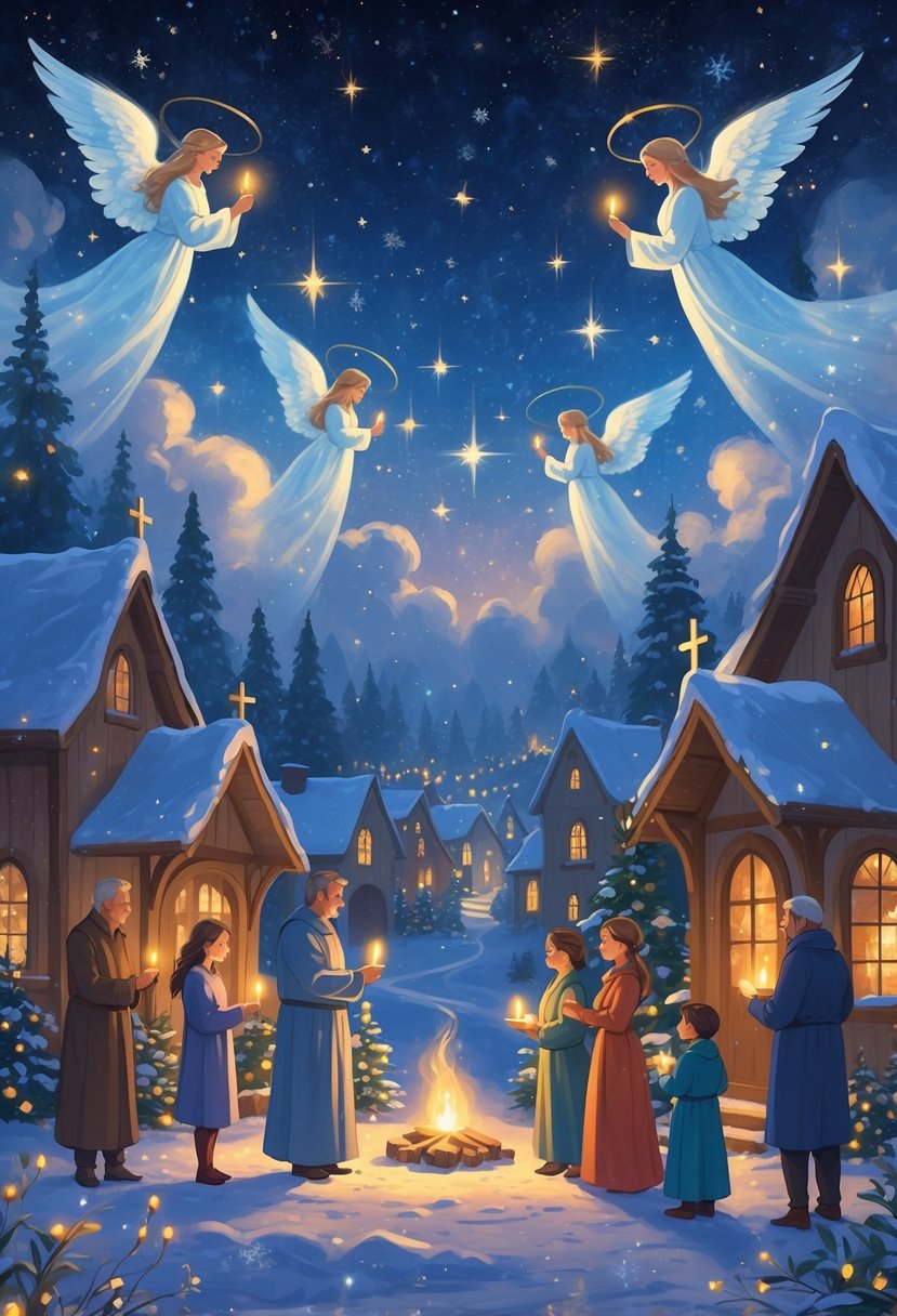 Families of all ages gathered outdoors on Christmas Eve, holding candles and praying together near a cozy village under a starry night sky with glowing angels above.