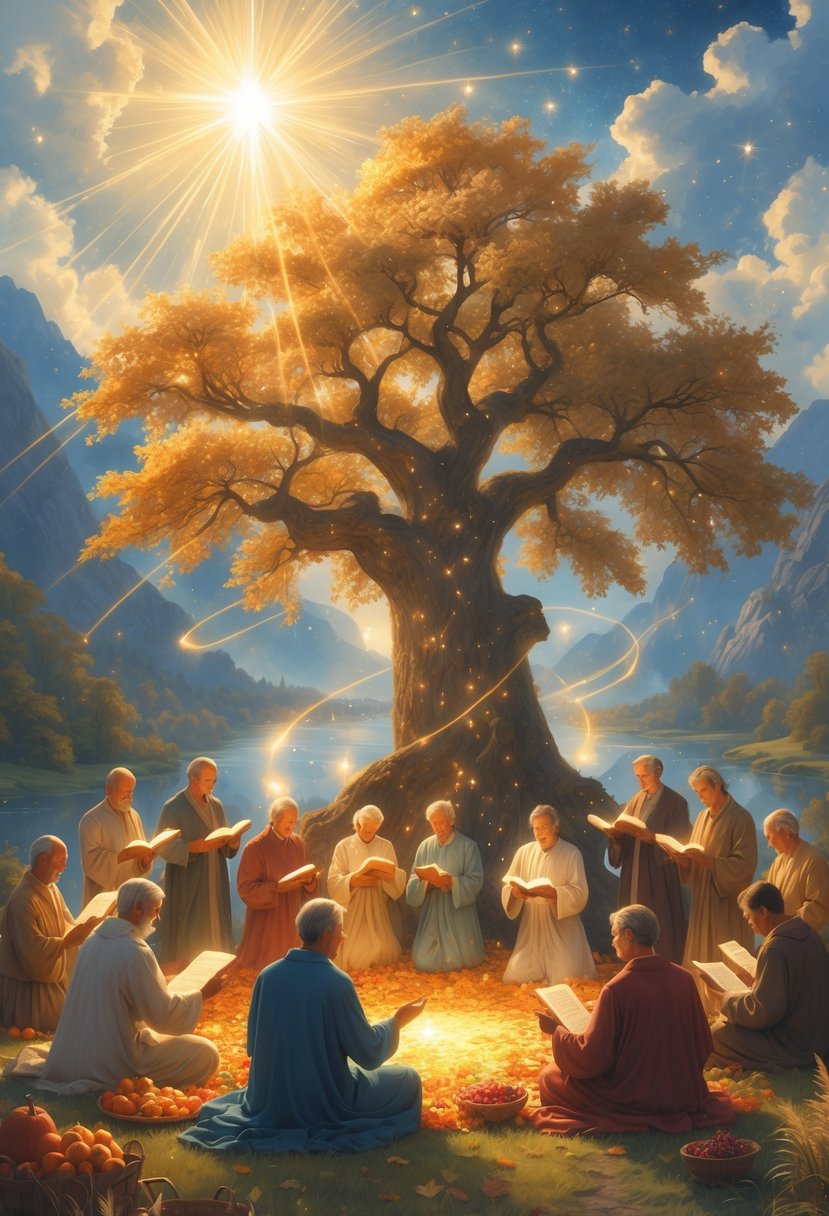 A group of adults gathered around a large glowing tree in a peaceful outdoor setting, sharing harvest offerings and reading scriptures under a starry sky.