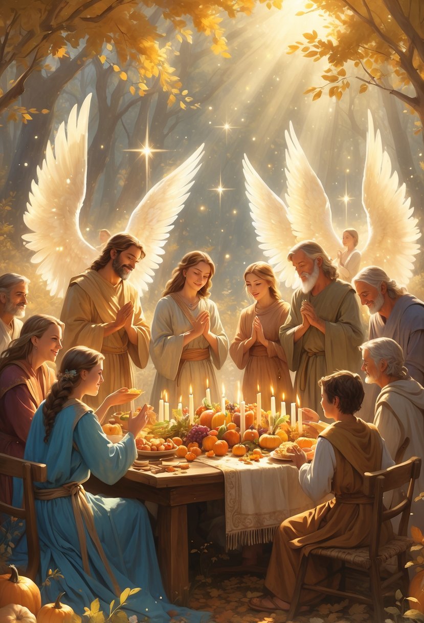 A family gathered in a glowing forest clearing, sharing a Thanksgiving meal and prayers, surrounded by angelic figures under a starry sky.