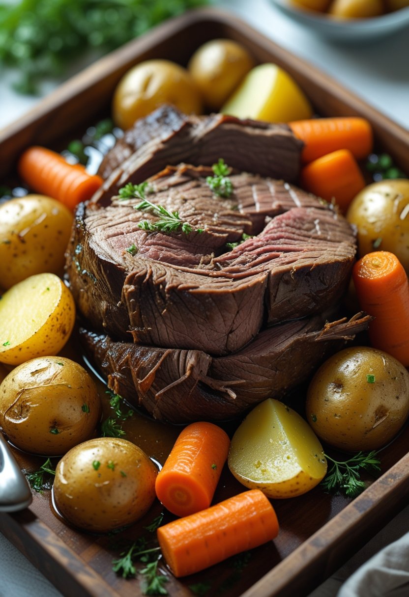 A plate of slow cooker chuck roast with roasted potatoes and carrots on a rustic wooden surface.