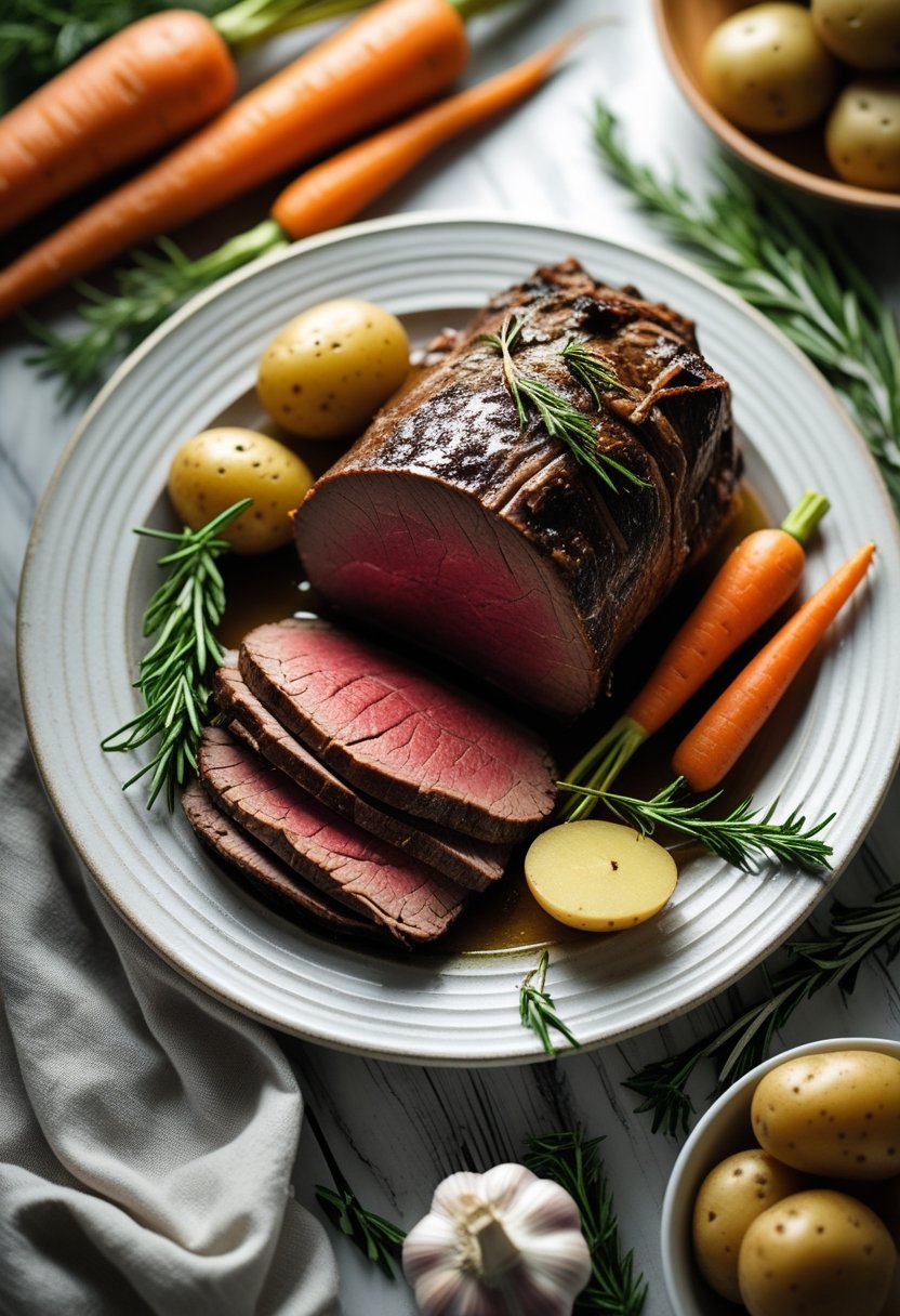 A sliced beef roast with carrots, rosemary, garlic, and potatoes arranged on a rustic surface.