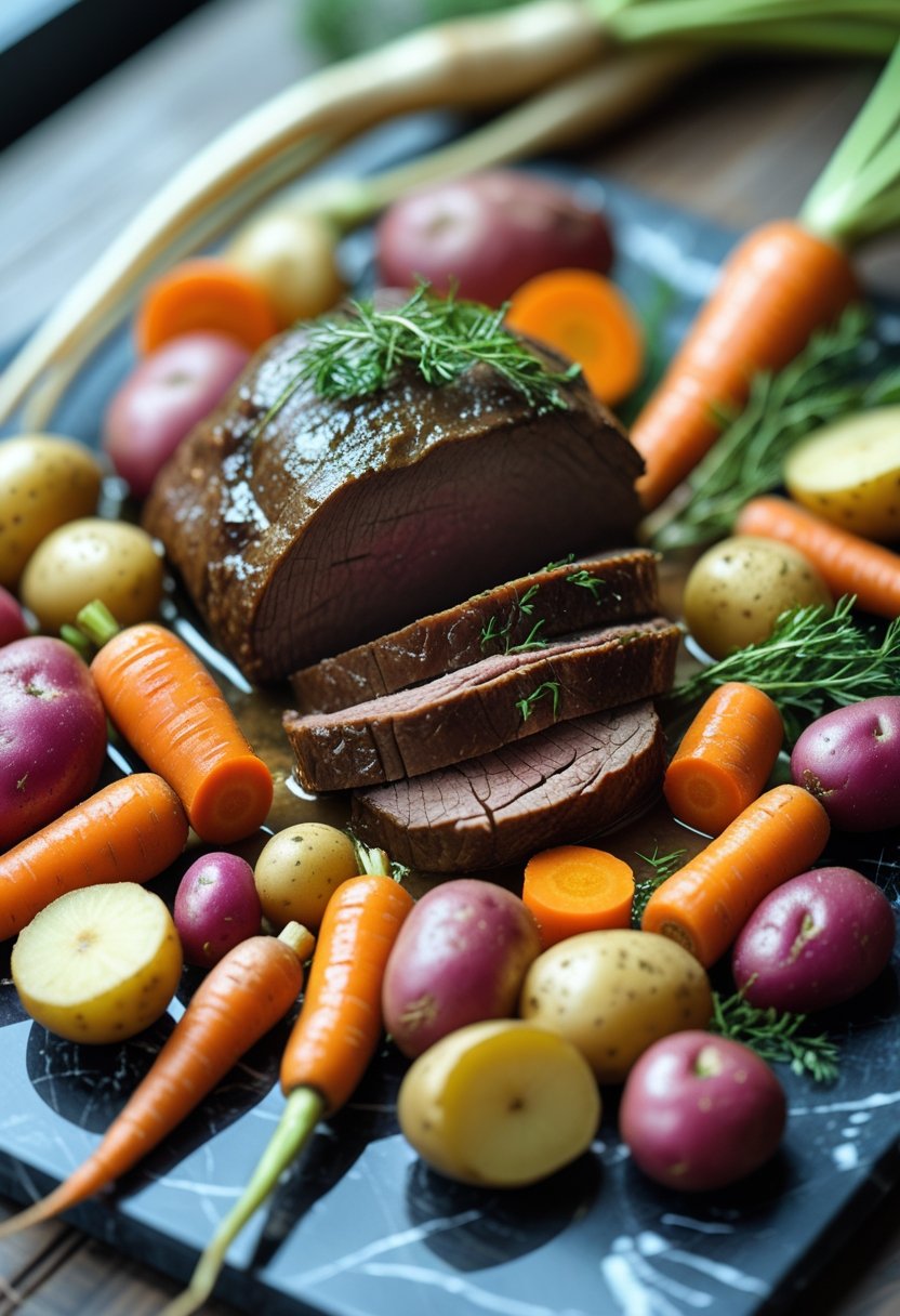 A slow cooker pot roast with root vegetables on a rustic surface, showing tender beef and colorful carrots, potatoes, and parsnips.