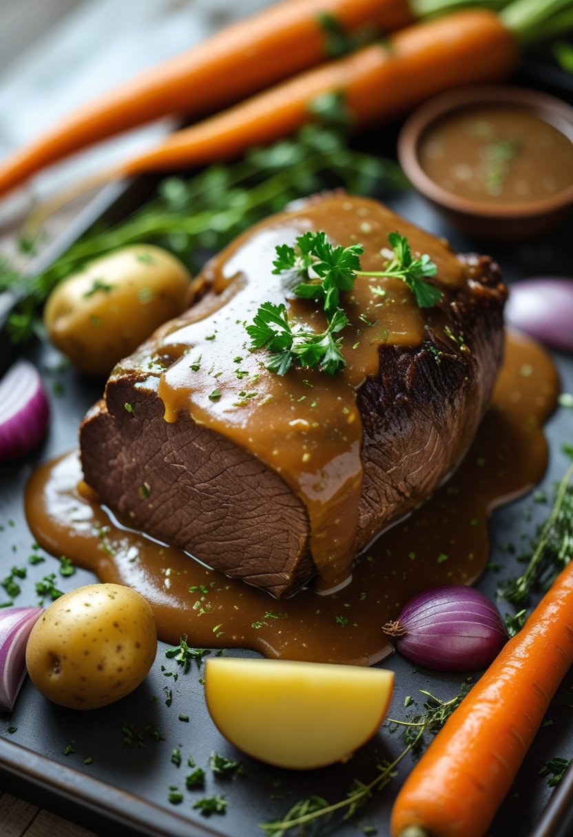 A slow cooker pot roast with rich gravy served with carrots, potatoes, and herbs on a rustic surface.