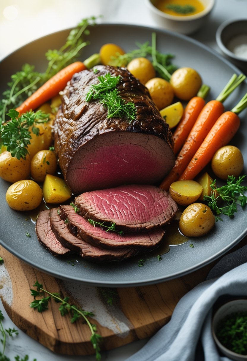 A plated slow cooker roast beef dinner with sliced roast beef, roasted carrots, potatoes, and fresh herbs on a rustic surface.