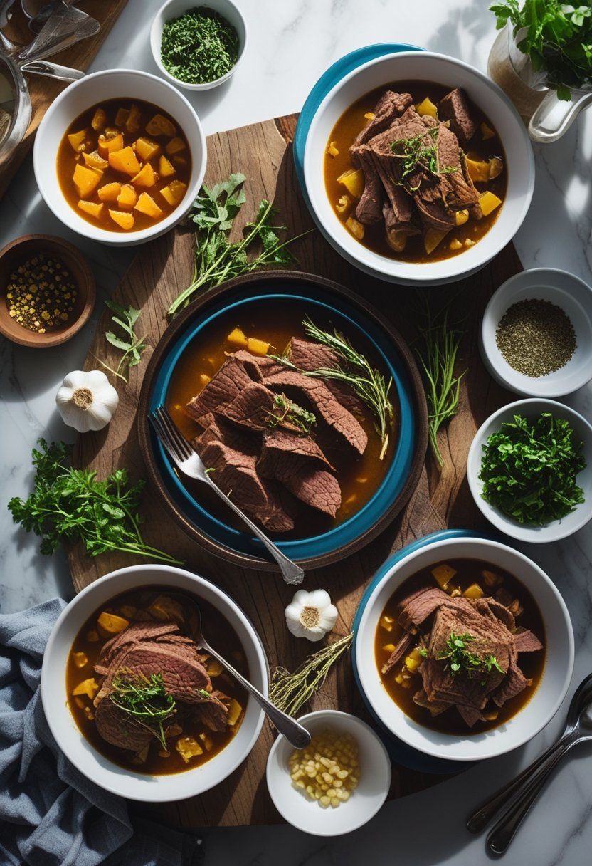 Overhead view of several plates with slow cooker roast beef dishes surrounded by fresh herbs, garlic, and vegetables on a rustic surface.