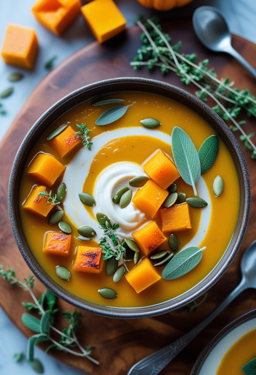 A bowl of creamy butternut squash soup garnished with pumpkin seeds and fresh herbs on a rustic wooden or marble surface.