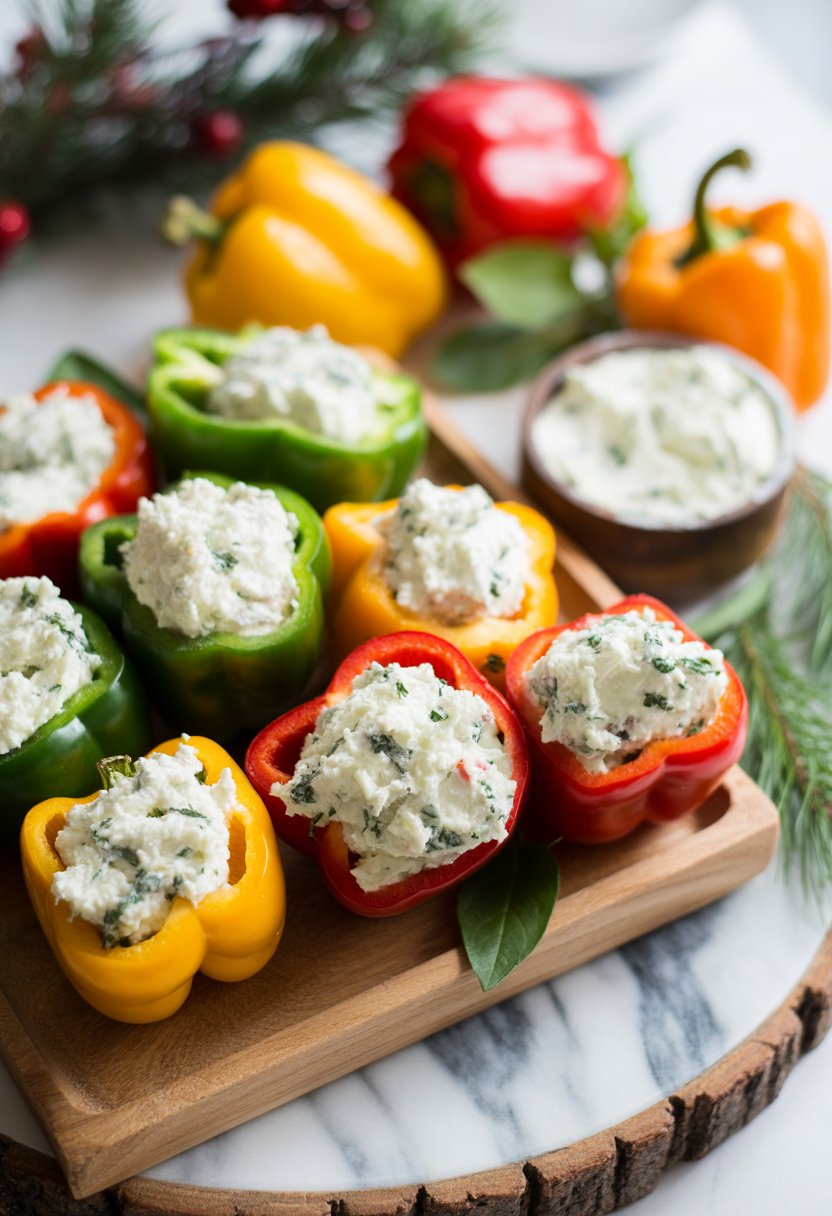 A wooden platter with colorful mini peppers stuffed with cream cheese and herbs, surrounded by fresh herbs and whole mini peppers on a rustic wood surface.