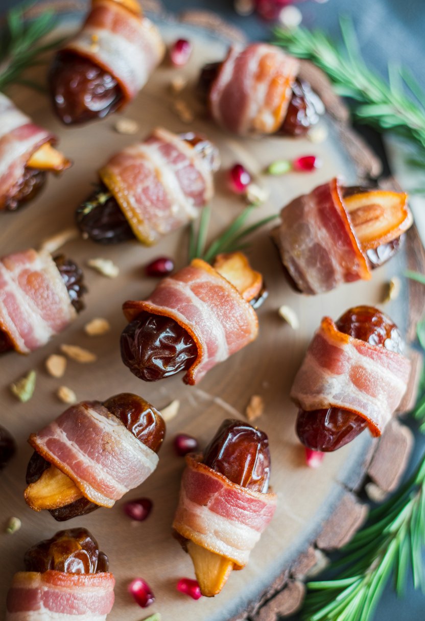 A plate of bacon-wrapped dates arranged as Christmas appetizers on a rustic surface with fresh herbs and garnishes.