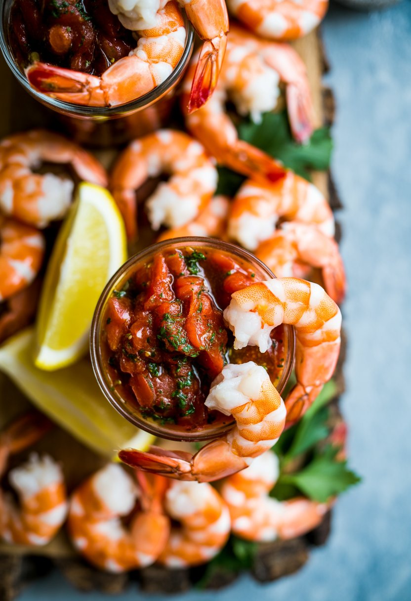 A bowl of shrimp cocktail with homemade sauce, lemon wedges, and parsley on a rustic wood surface.