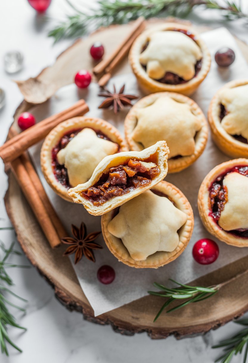 A close-up view of traditional mince pies on a rustic surface surrounded by fresh spices and berries.