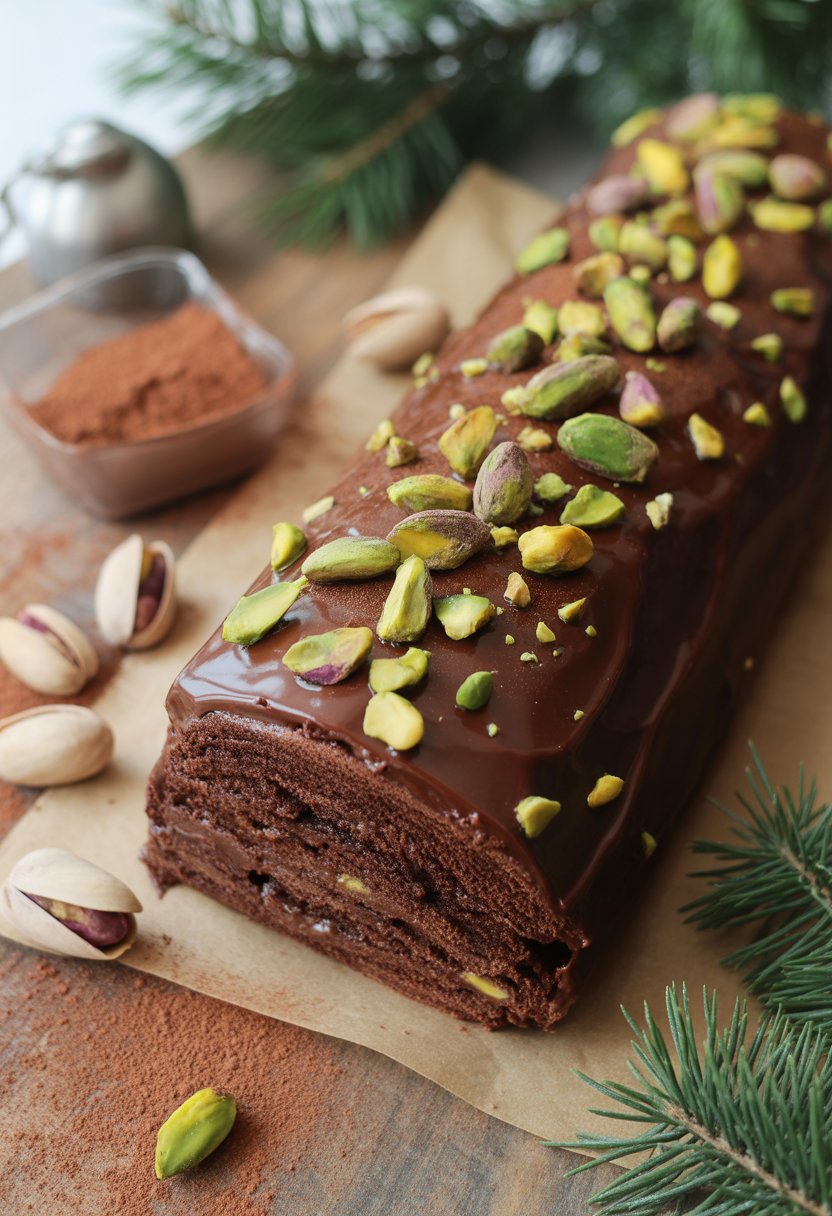 A chocolate Yule Log cake decorated with pistachios on a rustic wooden surface, surrounded by fresh pistachios and evergreen sprigs.