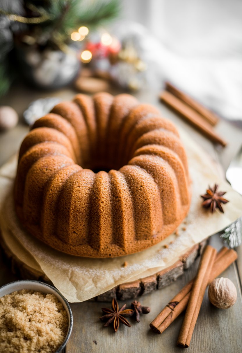 A cinnamon-spiced Bundt cake on a rustic wood surface surrounded by cinnamon sticks and spices with festive decorations in the background.
