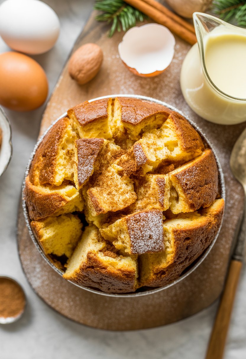 A plate of golden eggnog bread pudding surrounded by eggs, cinnamon sticks, and cream on a rustic surface.