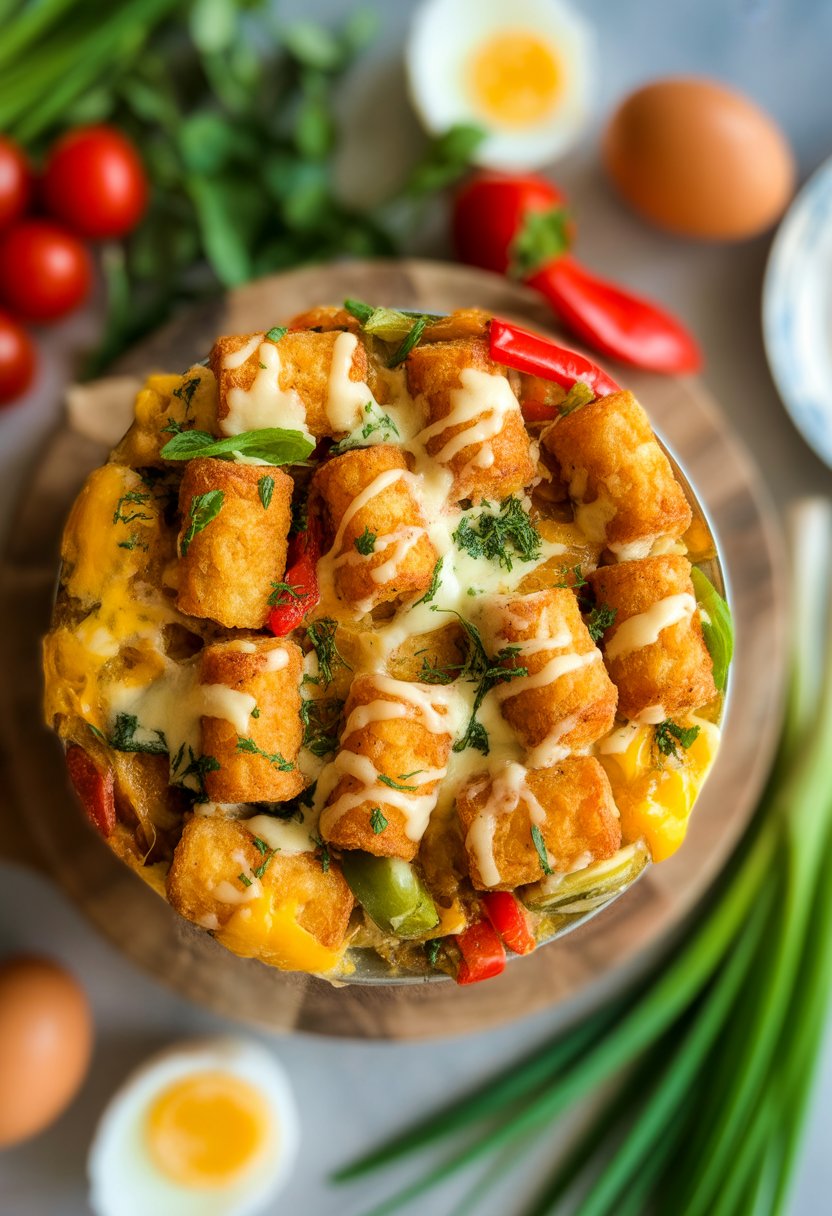 A golden Tater Tot Breakfast Casserole topped with melted cheese and fresh herbs on a rustic surface, surrounded by fresh ingredients like eggs and tomatoes.