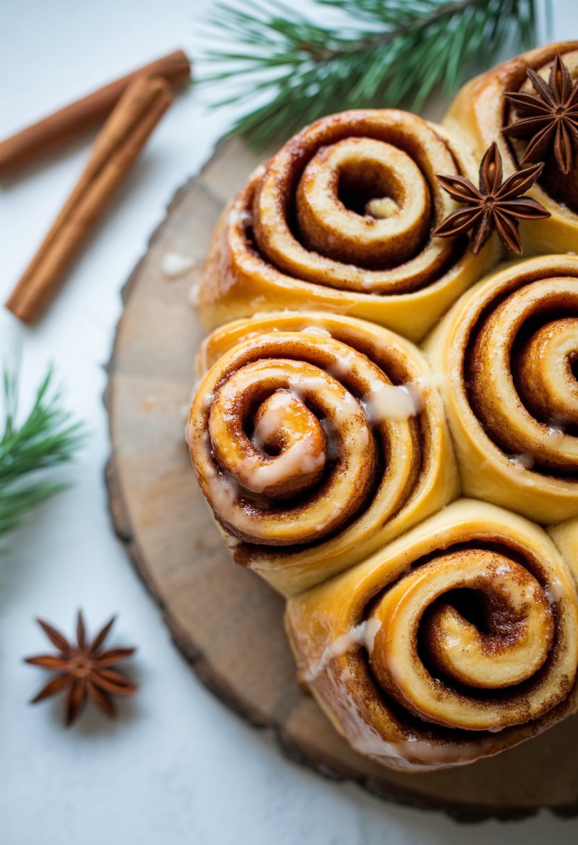 A tray of cinnamon rolls on a wooden surface surrounded by cinnamon sticks and festive greenery.