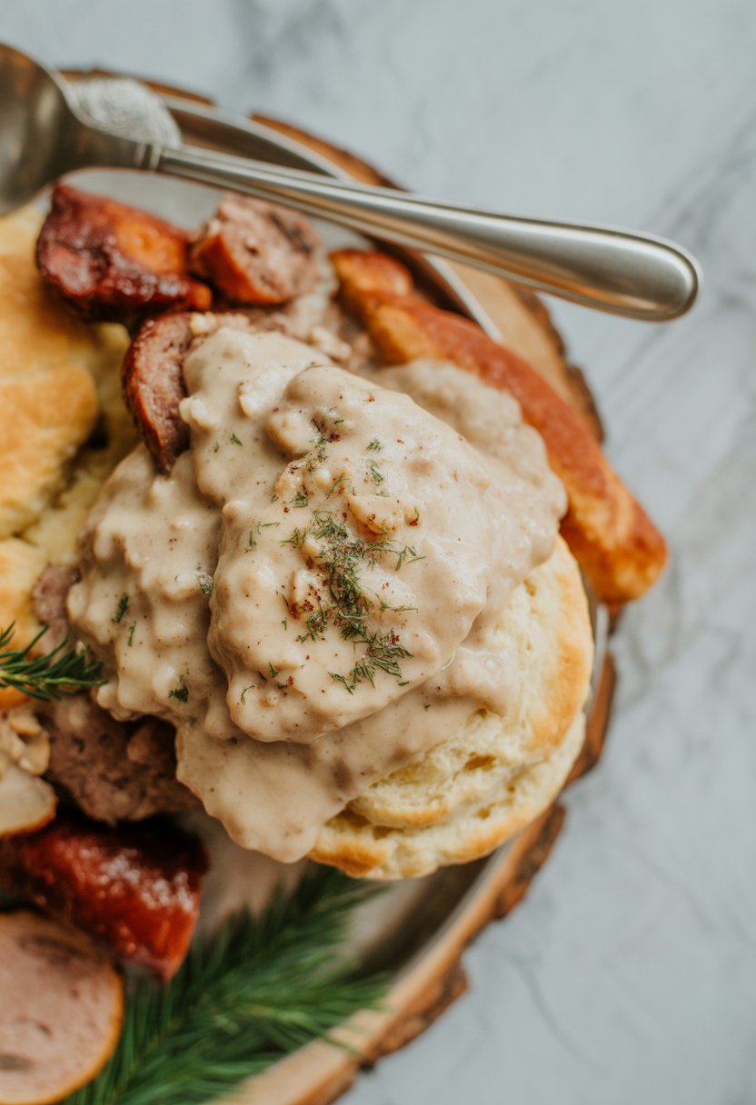 A plate of biscuits and gravy served on a rustic surface with fresh herbs and sausage pieces, surrounded by a festive breakfast setting.