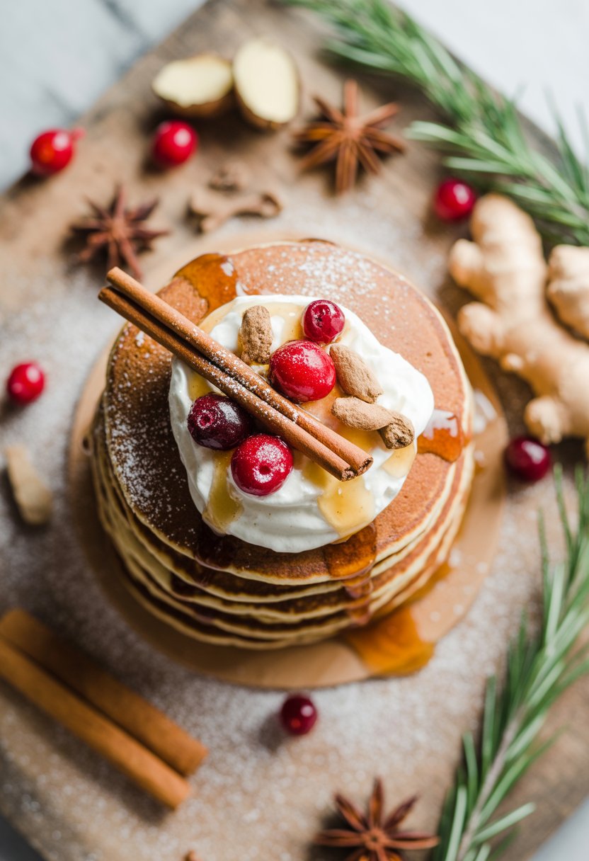 A stack of gingerbread pancakes topped with whipped cream and cranberries on a rustic surface, surrounded by fresh spices and herbs.