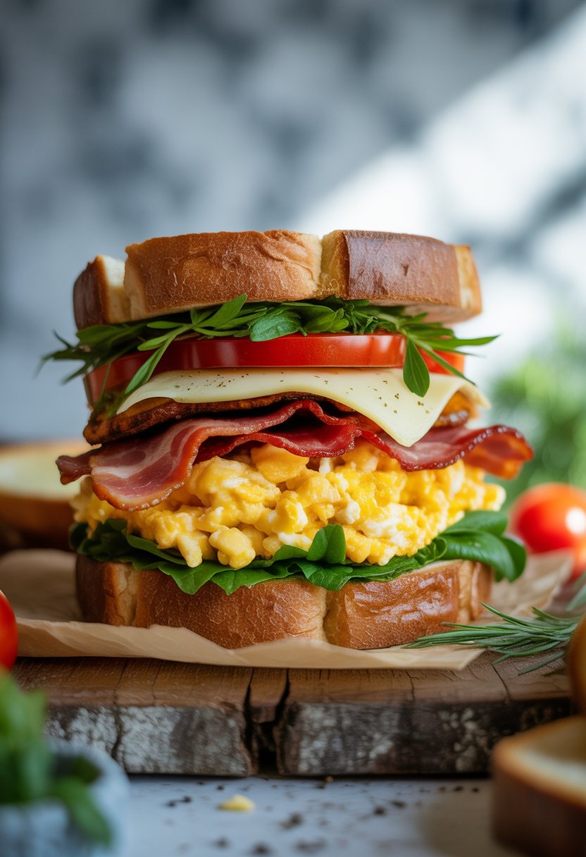 A loaded breakfast sandwich with eggs, bacon, cheese, tomato, and herbs on rustic bread placed on a wooden surface.