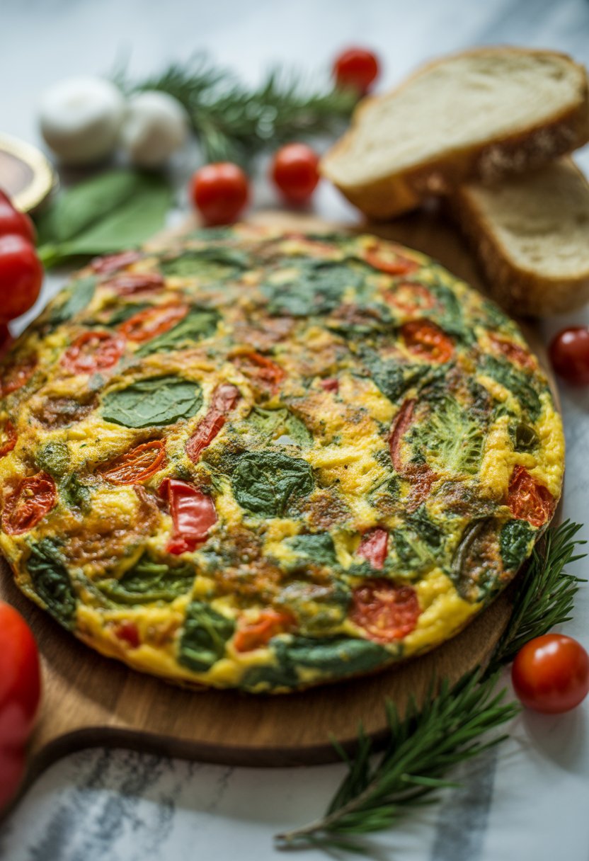 A breakfast frittata with colorful vegetables on a wooden or marble surface surrounded by fresh ingredients.