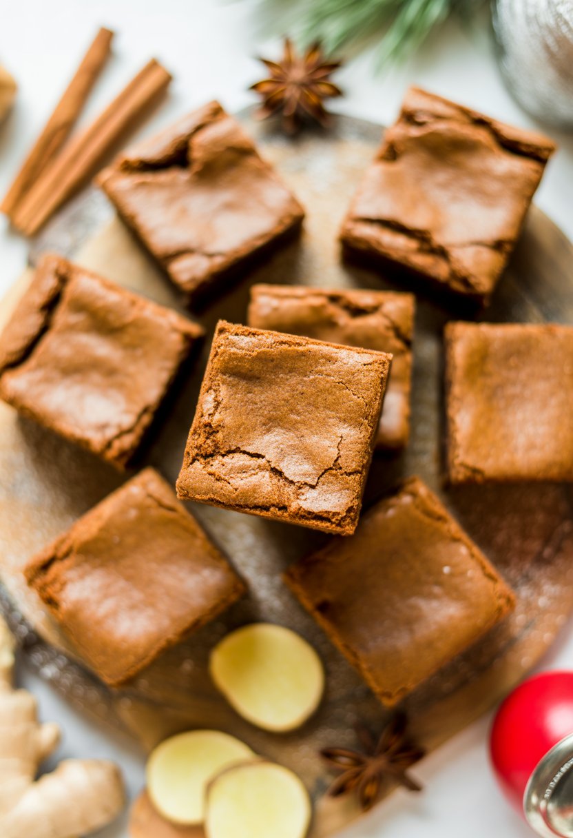 Seven gingerbread spiced brownies arranged on a rustic surface with cinnamon sticks and fresh ginger around them.