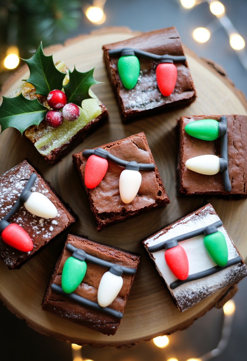 Seven Christmas-themed brownies decorated with colorful holiday lights on a rustic surface with festive garnishes.