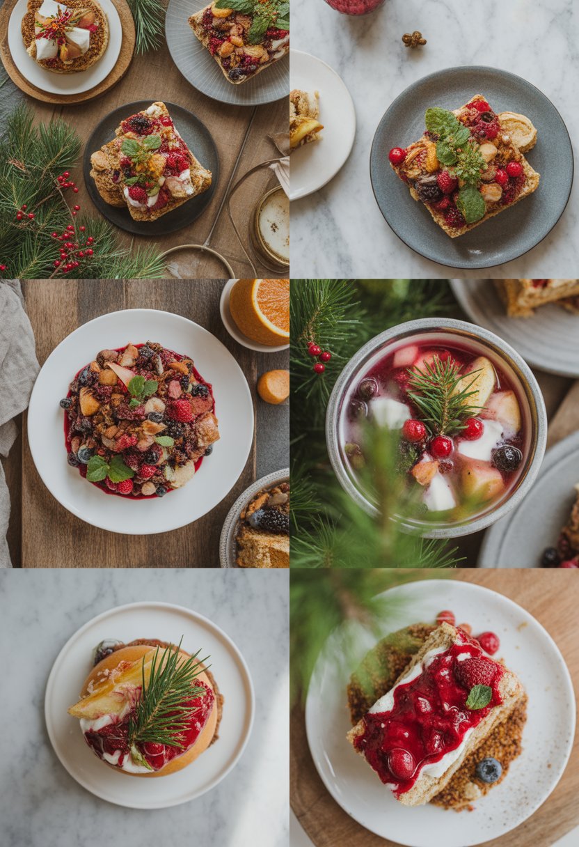 A festive Christmas brunch spread with six different dishes featuring fresh ingredients on rustic wood and marble surfaces.