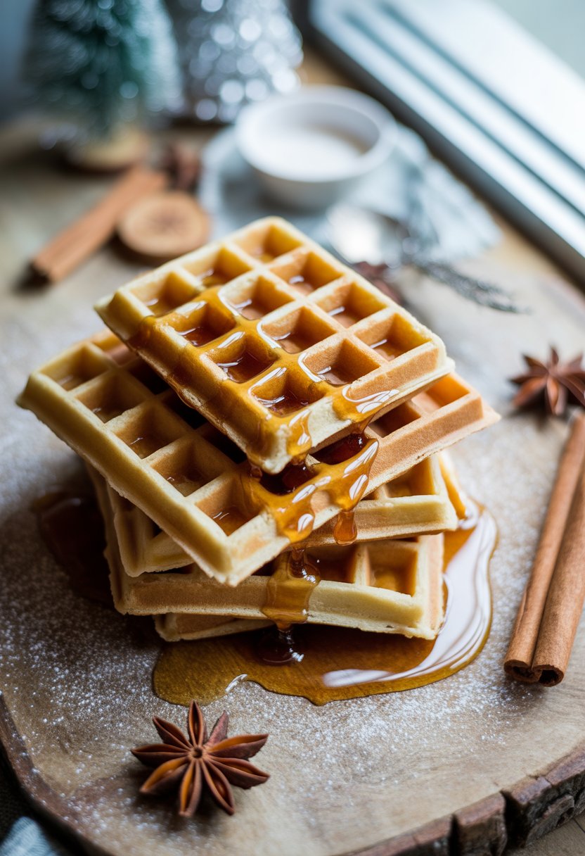Gingerbread waffles topped with maple syrup on a rustic wooden surface, surrounded by cinnamon sticks and star anise.