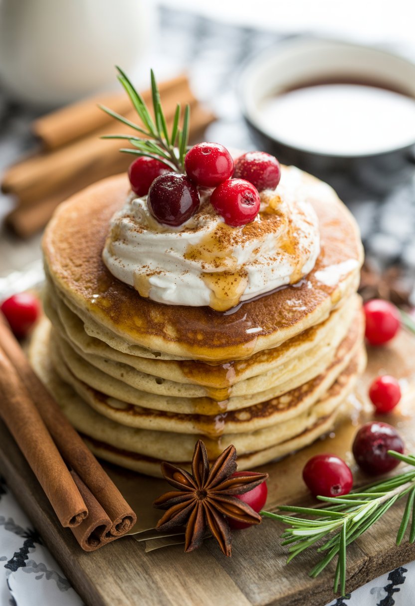 A stack of spiced eggnog pancakes topped with whipped cream, cinnamon, nutmeg, cranberries, and rosemary on a rustic surface with holiday spices and syrup nearby.