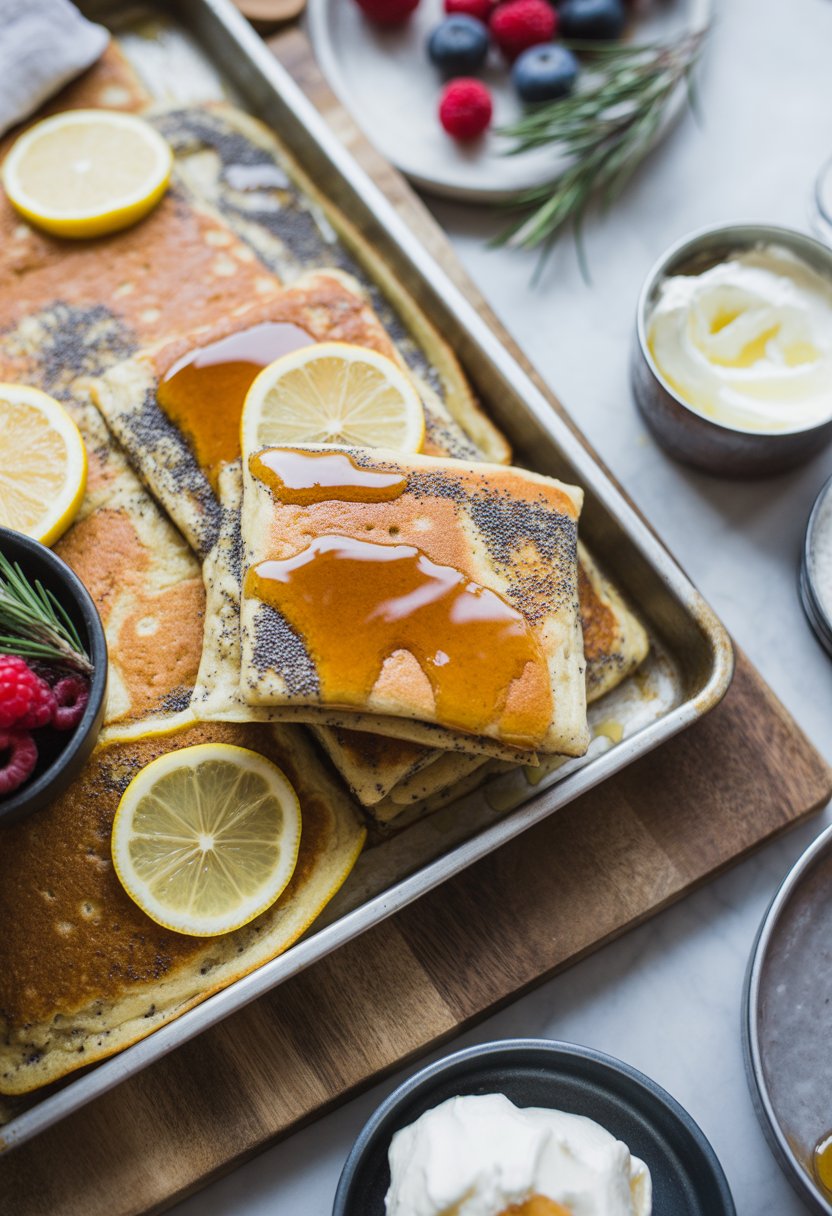 A plate of lemon poppyseed sheet pan pancakes with lemon slices and fresh berries on a rustic surface, surrounded by small bowls of cream and herbs.