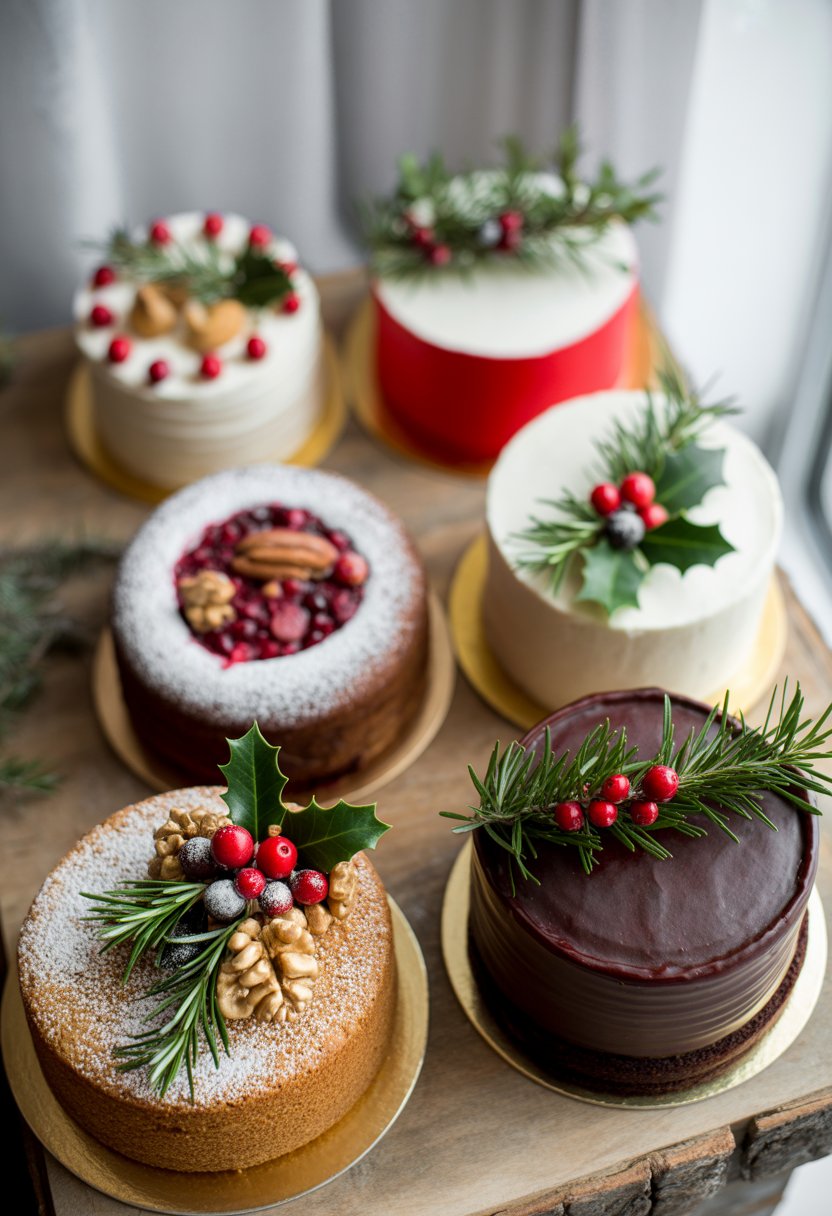 Five decorated Christmas cakes displayed on a rustic surface with festive garnishes and fresh ingredients.