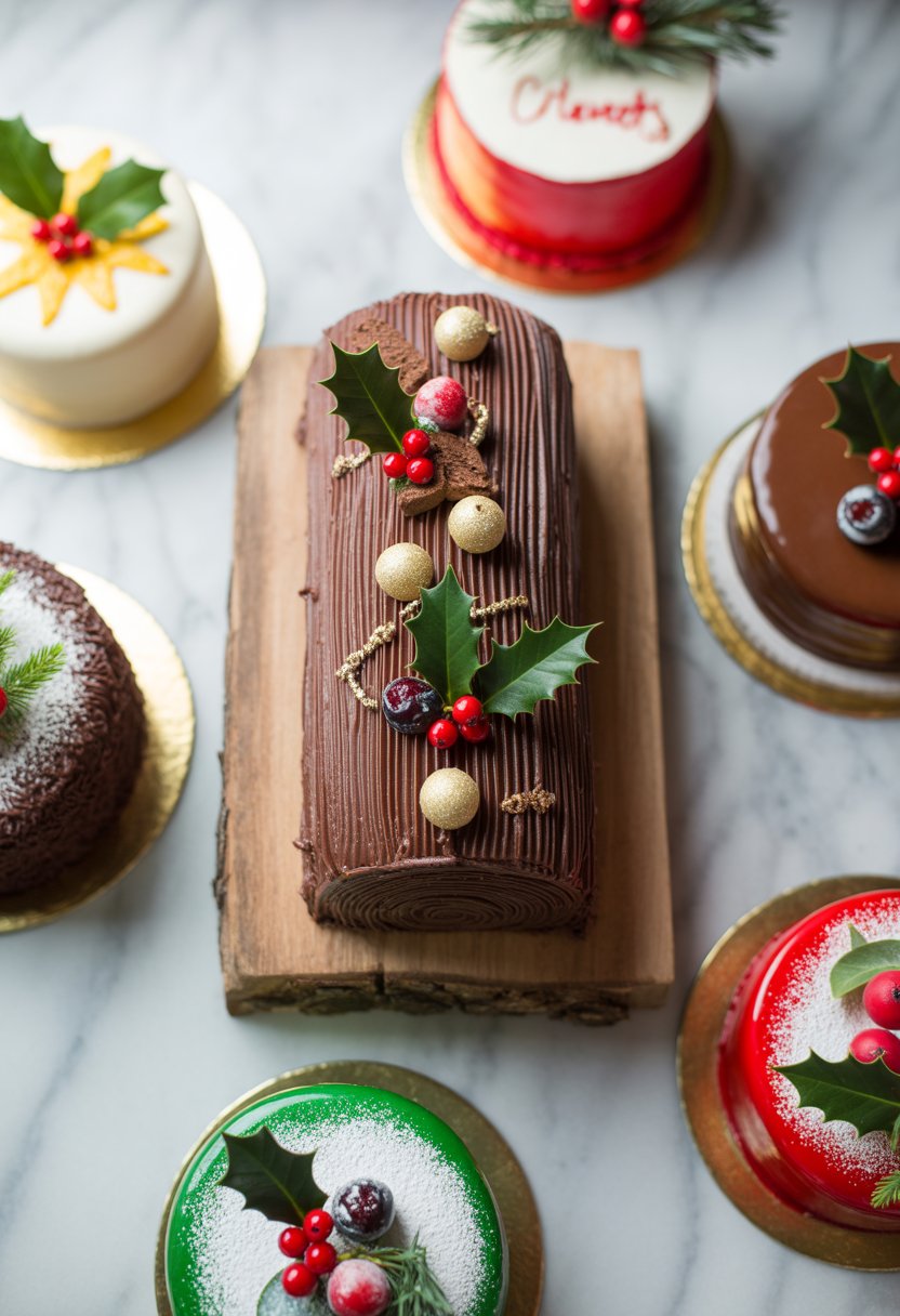 A classic Yule Log Cake covered in chocolate ganache surrounded by five decorated Christmas cakes on a rustic surface.