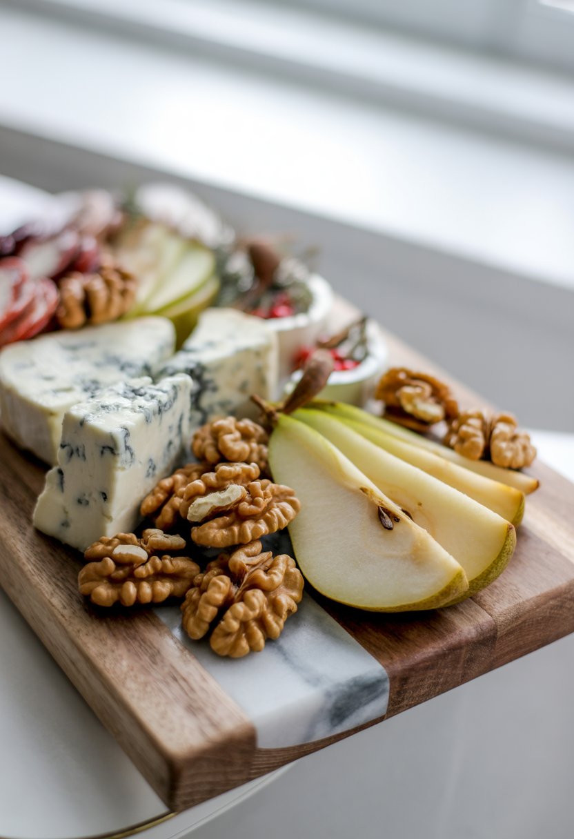 A charcuterie board with blue cheese, pear slices, and candied walnuts arranged on a rustic wood surface with festive Christmas decorations.