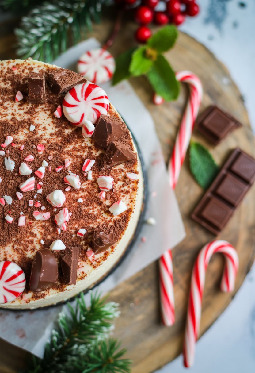 A peppermint chocolate Christmas cheesecake on a rustic surface, decorated with crushed peppermint candies and chocolate shavings, surrounded by festive holiday elements.