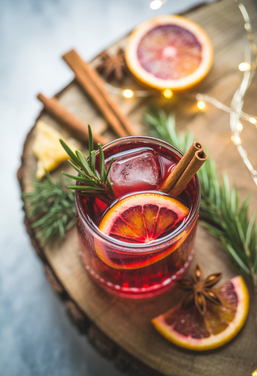 A festive Negroni cocktail with blood orange slices, rosemary, cinnamon sticks, and star anise on a rustic wood surface with holiday lights softly blurred in the background.