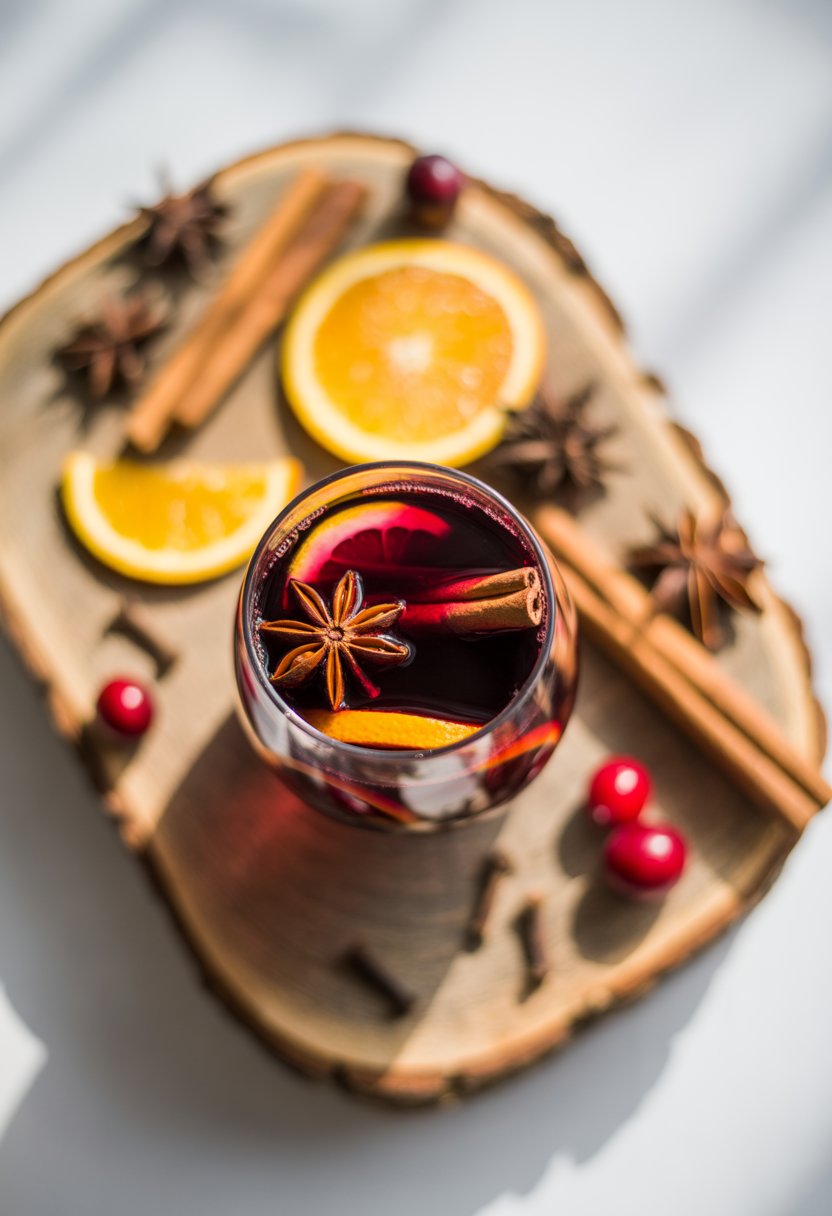 A glass of mulled wine with brandy surrounded by cinnamon sticks, star anise, orange slices, cloves, and cranberries on a rustic surface.